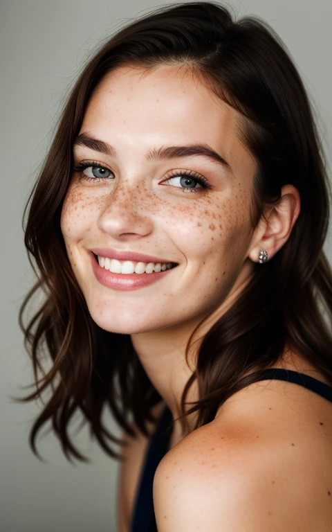 beautiful lady, freckles, big smile, dark makeup, hyperdetailed photography, soft light, head and shoulders portrait, cover
