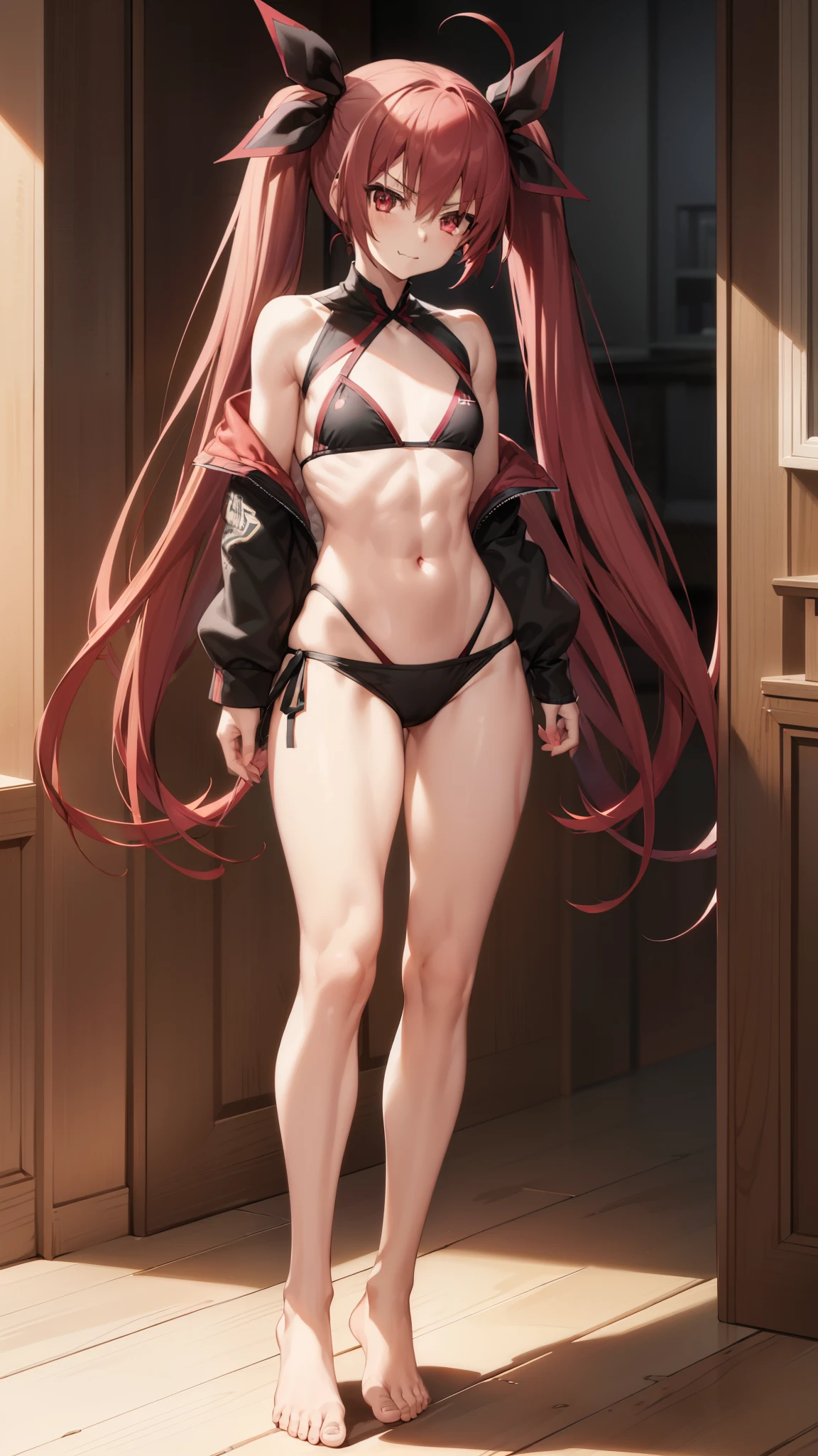 (((1 girl))), Kotoriitsuka, Kotori Itsuka, long hair, (red eyes: 1.5), red hair, Ahoge, (flat chest: 1.2), with a lollipop in her mouth,
break (wearing a very sexy short bikini), twintails, hair ribbon, black ribbon, muscular thighs, well defined body, muscular belly,
looking at viewer, (full body photo), standing, smiling, angry, arms crossed,
Break-in inside the house,
break (masterpiece: 1.2), best quality, highest resolution, Unity 8k wallpaper, (插圖: 0.8), (beautiful detailed eyes: 1.6), extremely detailed face, perfect lighting, extremely detailed CG, (perfect hands , perfect anatomy),