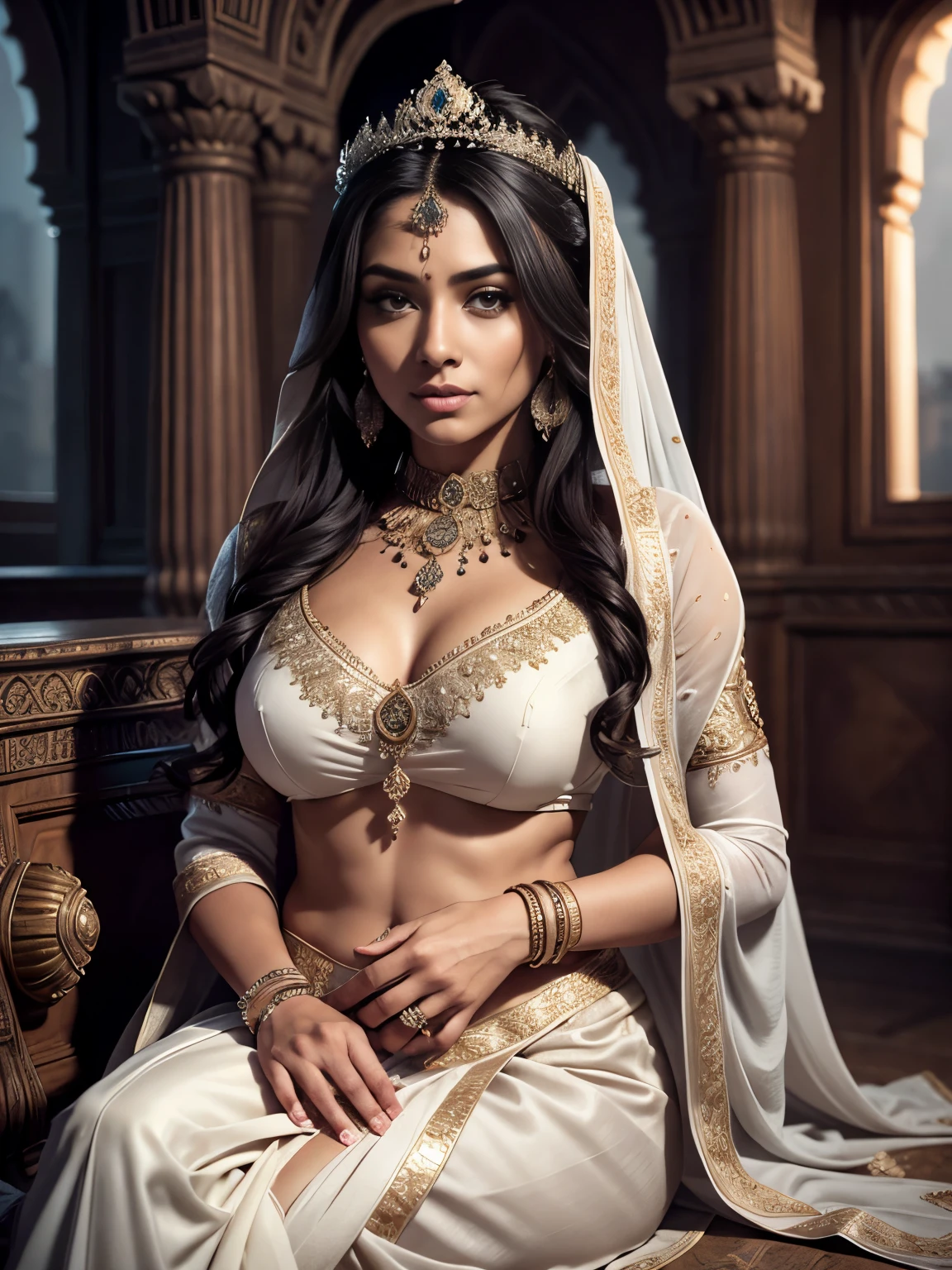 Portrait, a beautiful indian queen, classic, ultra detailed body, ultra detailed face, long pony hair, sitting on a throne, white saree, medieval city palace, medieval times, perfect anatomy, sexy, charming, majestic, tattooed hands, ultra quality, body parts, ambient lighting, ultra detailed 17th century city background, dark cloudy sky, pure hair, ambient occlusion, 8k