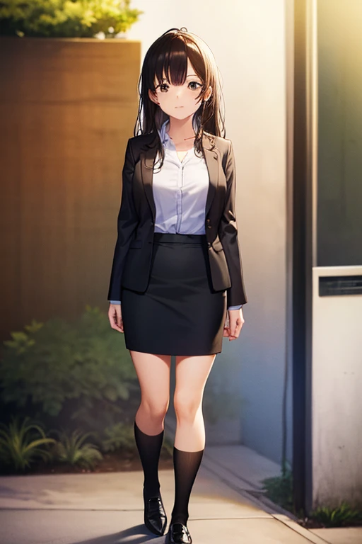 1girl, sayu ogiwara, suit, office lady, black skirt, black blazer, pencil skirt, long skirt, white shirt, collared shirt, long hair, teenager, looking at viewer, full body