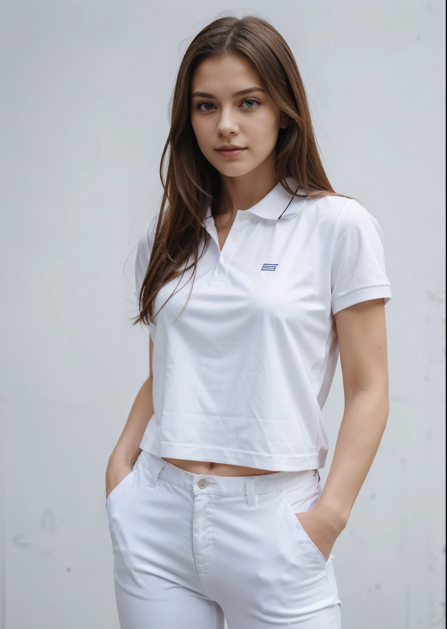 a woman in a white shirt and white pants posing for a picture, middle size breast, wearing polo shirt, centre image, shirt, white clothing, short sleeves, wearing a dark blue polo shirt, trendy white clothing, official product image, casual white garment, white trendy clothes, wearing a light shirt, * * *, collared shirt, wearing white shirt, medium close-up shot, in a city, UHD, best quality, 8k, UHD, perfect face, 30 years old, slim sporty body, sporty legs, outside, city