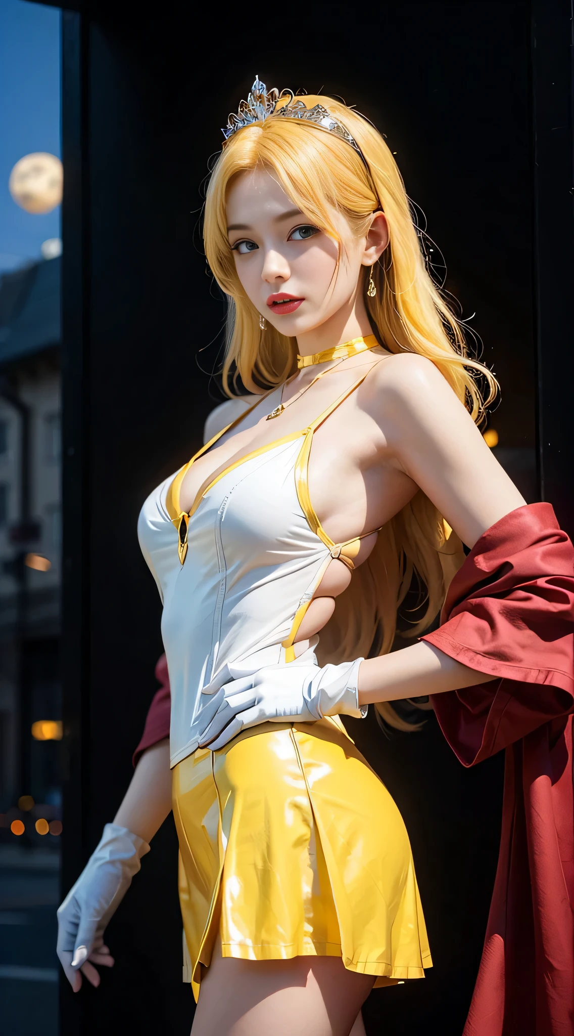 ((masterpiece:1.4)、(highest quality:1.4)、(realistic:1.7))、masterpiece:1.4、beautiful girl、(beautiful girl戦士セーラームーン:1.4)、moon野うさぎ、body fit sexy sailor senshi uniform、(shiny latex)、(The jacket is a white sleeveless sailor uniform.....)、(Skirt Blue Sexy Ultra Ultra Pleated Mini Skirt)、There are two thin blue lines on the collar of the sailor uniform.................、high leg swimsuit、red cloth decoration on the chest、(wearing white gloves)、pretty girl、super beautiful、sharp focus、portrait photography、(perfect female body:1.4)、perfect proportions、full body photo shoot:1.4、beautiful face、beautiful eyes、tight waist、beautiful feet、(yellow hair:1.4)、(long hair:1.2)、beautiful breasts、big breasts:1.2、sexy ass、Raw photo、red lips、red high heels:1.4、choker:1.4、necklace:1.4、earrings:1.4、luxurious golden tiara:1.4、1 screen display、moon、universe、universe船、universeステーション、city of the future
