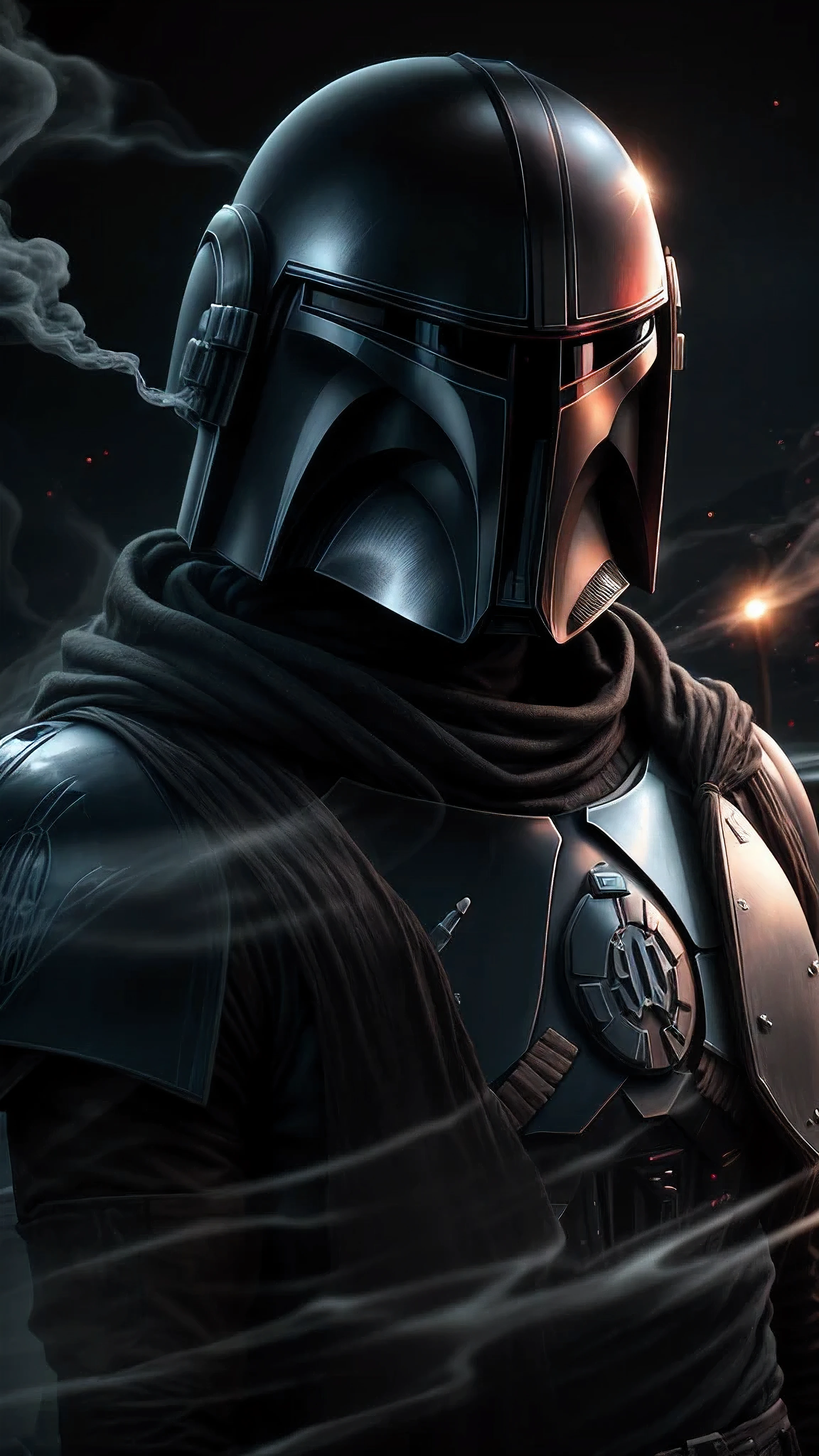 close up, Mandalorian from Star Wars, Ghost, Dark, gotik, 3d, Ultra Detailed, blue transparent smoke around, realistic style, Old Night Pond,
