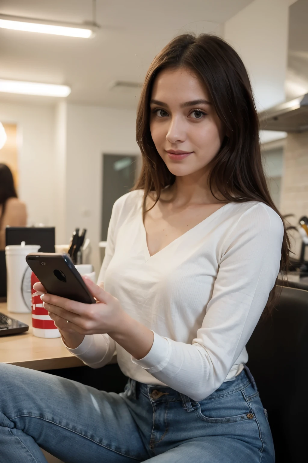 Create a 3D illustration of an animated character of a woman sitting casually on top of an "Instagram" social media logo. The character is brunette and must wear a white blouse and modern jeans, a cheerful expression, with straight hair and holding an iPhone. The background of the image is a social media profile page with the username "mimos da gisa" and a matching profile photo.