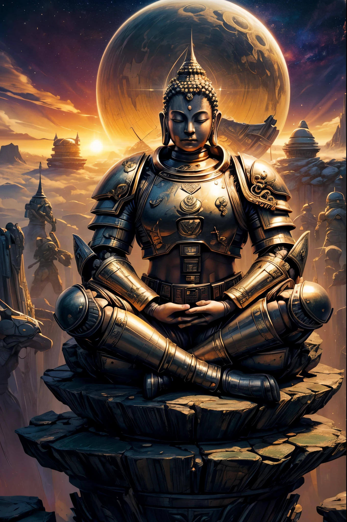 "((Enlightened Buddha)) meditating in (ancient) serenity, (lotus position) amidst a surreal landscape of ethereal clouds, wearing an intricately detailed ((space Marine Armor)), a harmonious blend of spiritual wisdom and futuristic strength, golden hour ambiance, cinematic composition, (book cover illustration)"