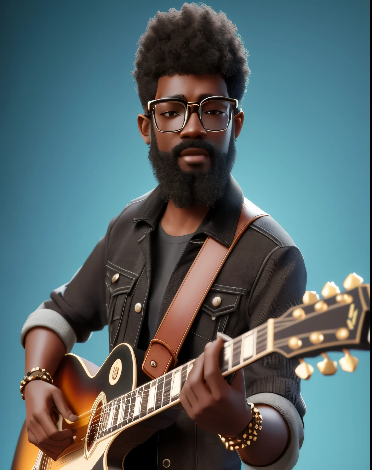 There is a man with a beard and glasses playing the guitar, photoreal octane rendering, personagem 3d render, arte conceitual de guitarra, personagem 3D realistic, super realista corajoso, para contratar artista 3d, personagem 3d, personagem 3D, album art, homem negro com cabelo afro, personagem 3d art, musician, epic 3d omolu