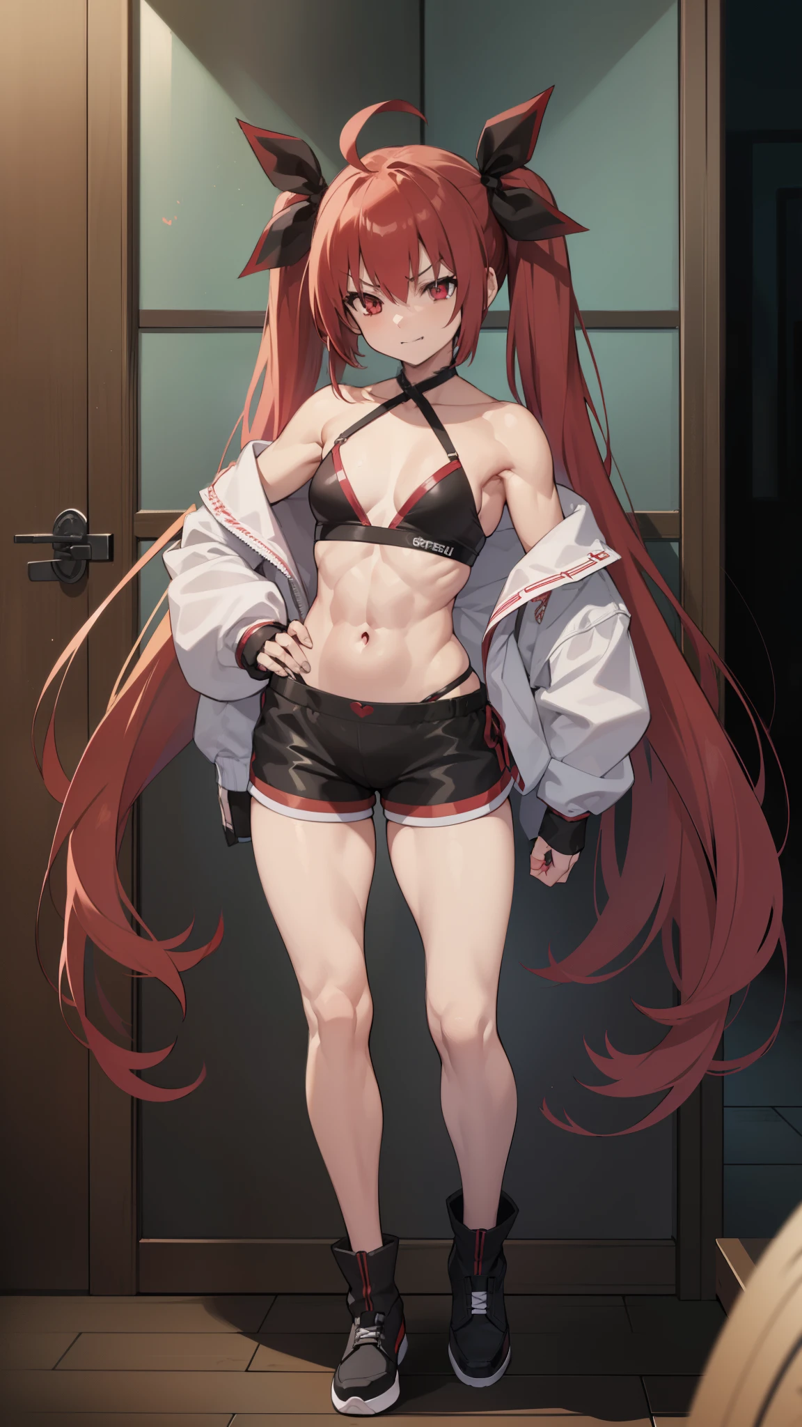 (((1 girl))), Kotoriitsuka, Kotori Itsuka, long hair, (red eyes: 1.5), red hair, Ahoge, (flat chest: 1.2), with a lollipop in her mouth,
break (wearing a very sexy short bikini), twintails, hair ribbon, black ribbon, muscular thighs, well defined body, muscular belly,
looking at viewer, (full body photo), standing, smiling, angry, arms crossed,
Break-in inside the house,
break (masterpiece: 1.2), best quality, highest resolution, Unity 8k wallpaper, (插圖: 0.8), (beautiful detailed eyes: 1.6), extremely detailed face, perfect lighting, extremely detailed CG, (perfect hands , perfect anatomy),