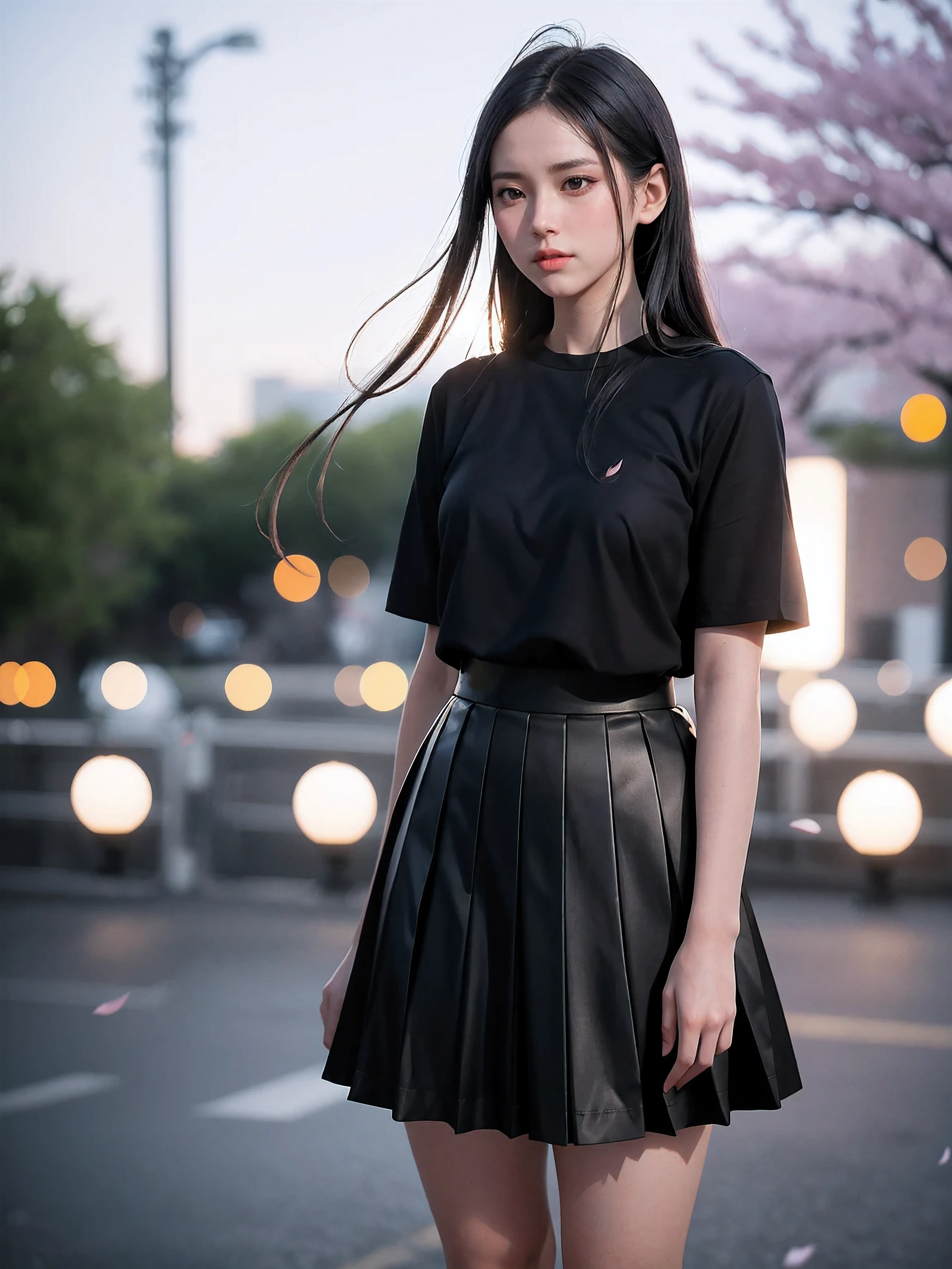 1girl, black skirt, branch, building, chain-link fence, cherry blossoms, fence, long hair, outdoors, petals, pleated skirt, rain, shirt, short sleeves, skirt, solo, standing, tree,
sky,street,Raw, cinematic shot, (sharp focus:1.5), (photorealistic:1.4), twilight lighting, volumetric lighting, ultra high res, 16K,dramatic lighting,