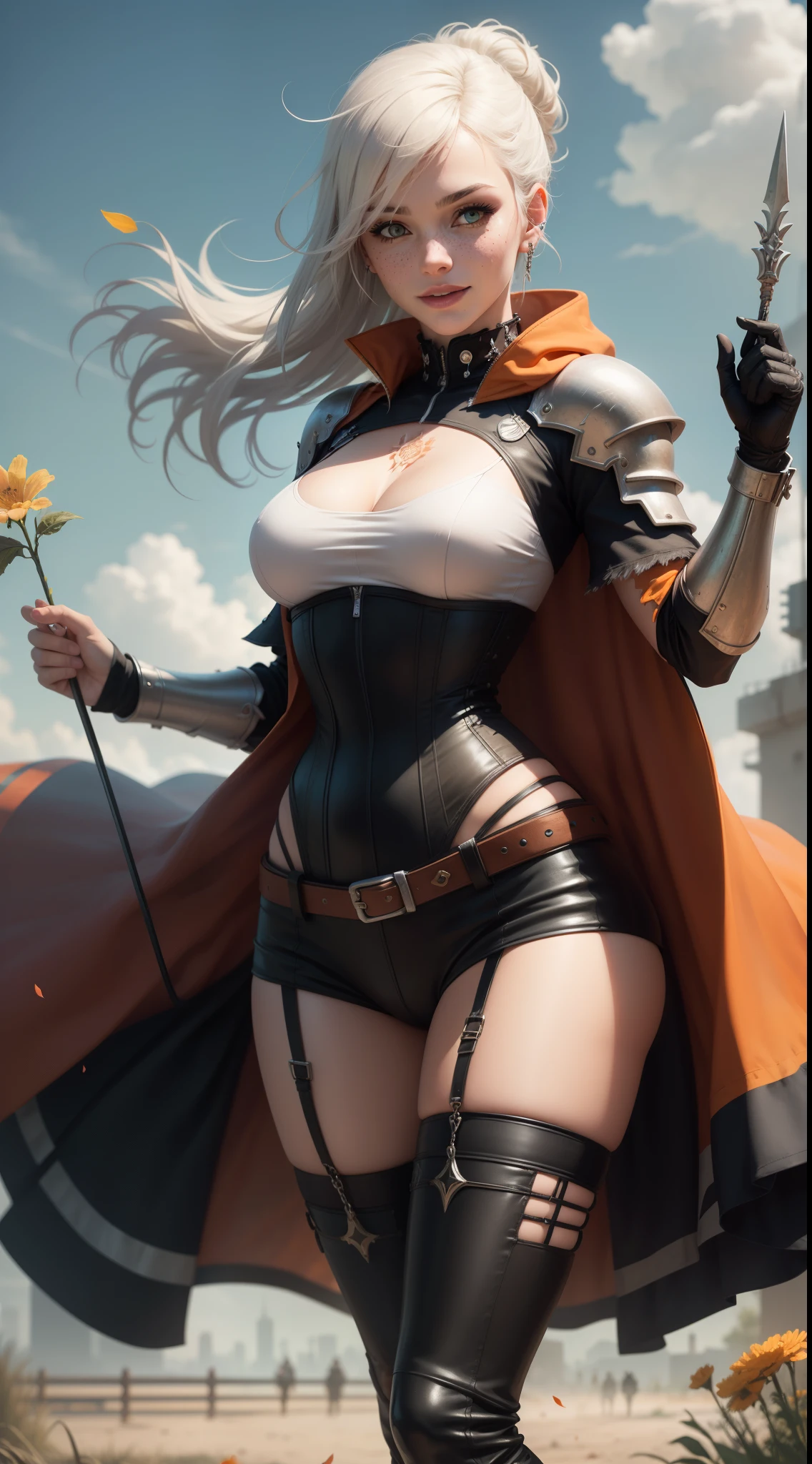 gwen tennyson,tracer,yorha 2b,rebecca chambers,atelier ryza,overwatch,1girl, close up,mecha pilot,halloween village, white and red plugsuit,hair pin,pirate corset,silver long sleeve lycra top,black leggings,short hair,cute makeup, green eyes,orange and golden hair,shy smile,freckles,redhead,beautiful girl,large breasts,ultra detailed,realistic,fantasy art,victorian goth skirt,halloween pumpkin,moonlight,silver earrings,steel armor, vampire cloak,vampire fangs,