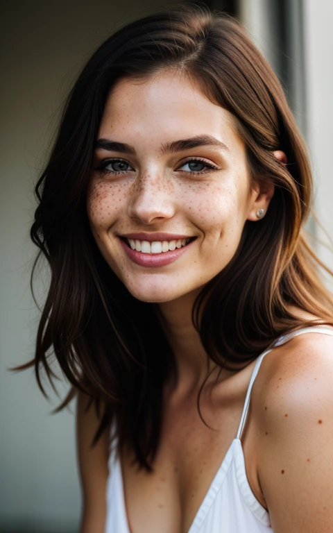 beautiful lady, freckles, big smile, dark makeup, hyperdetailed photography, soft light, head and shoulders portrait, cover
