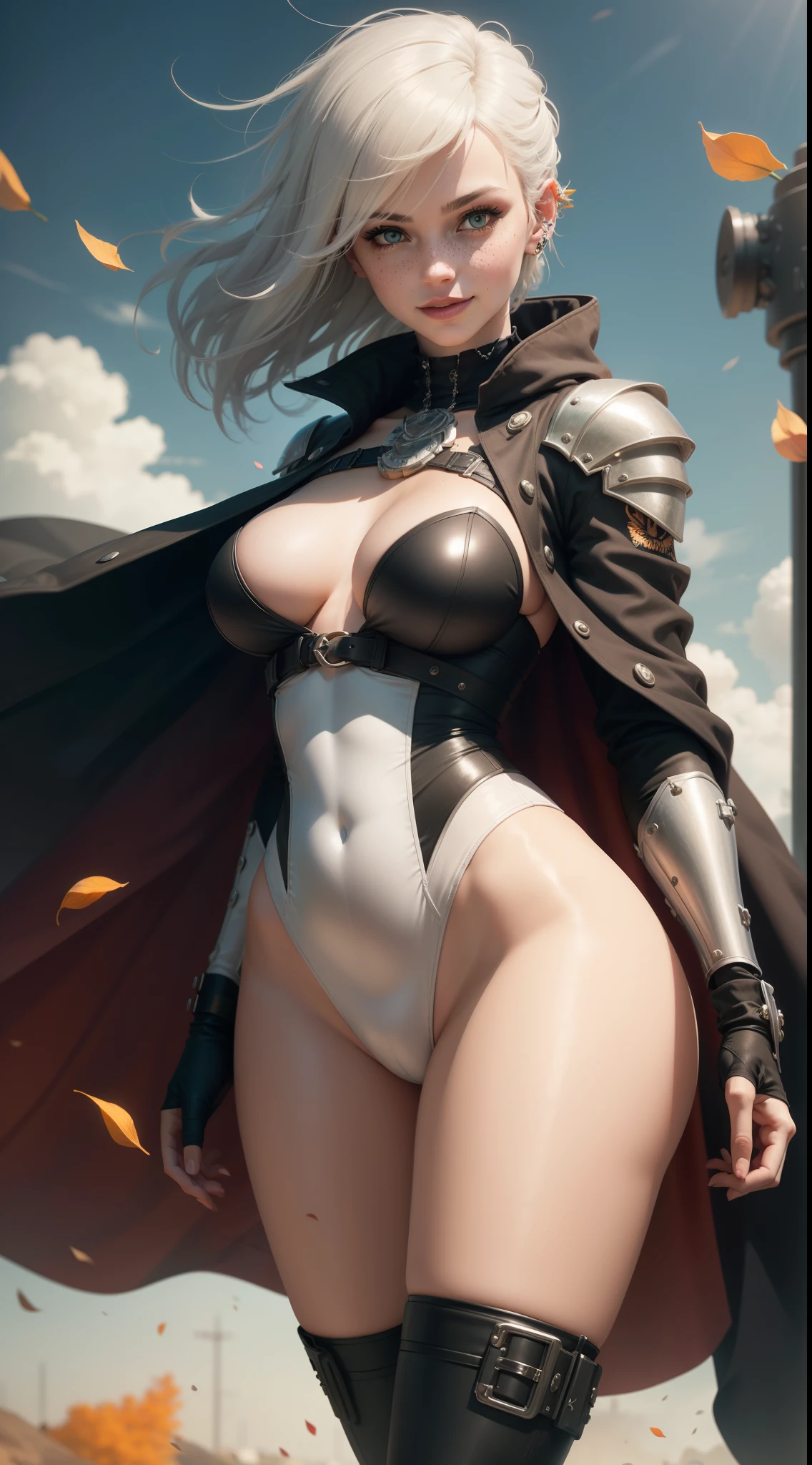gwen tennyson,1girl,tracer,rebecca chambers, yorha 2b,overwatch,nier automata,close up,battlefield view,tattoos,orange and white plugsuit,white short sleeve knight leotard,knight steel armor,lycra leggings,harness corset,long punk hair,punk makeup,green eyes,multicolored silver hair,long dress train,sexy smile,freckles,beautiful girl,thigh high punk boots,large breasts,8k,ultra detailed,realistic,fantasy art,punk uniform,punk hair pin,punk ear piercings,punk hand and neck jewelry,(weather:windy),long orange knight cloak,holding a spear,flower petals flying,
