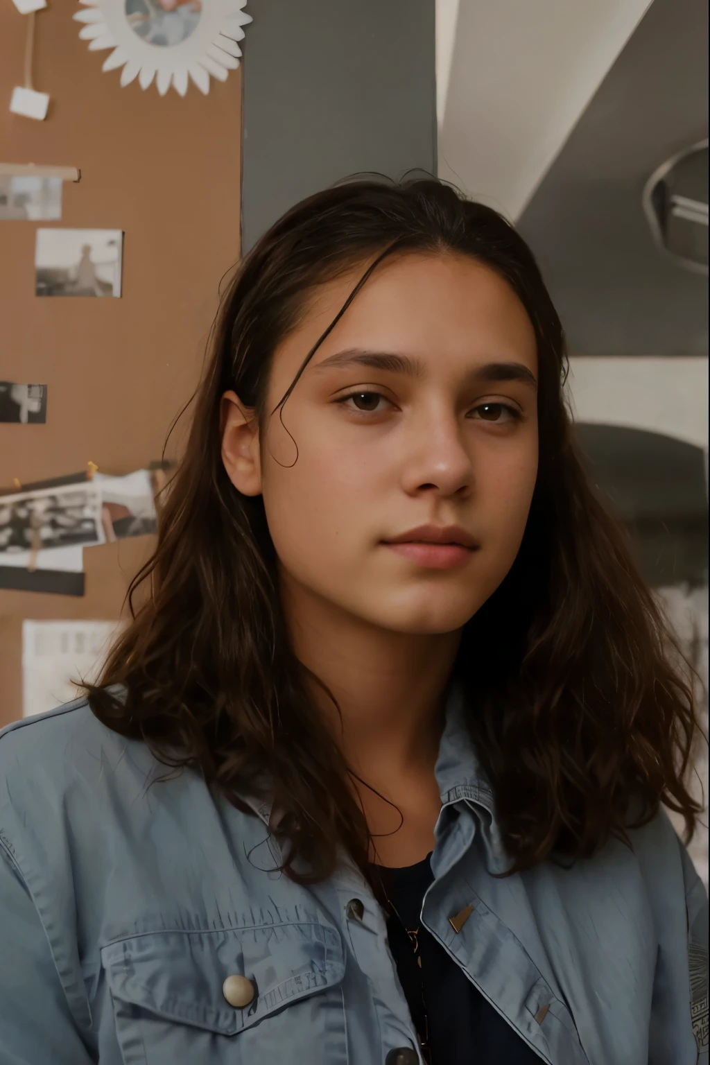 there  a woman standing in front of a wall with a cell phone, young with long hair, tommy 1 6 years old, frank dillane, beautiful young prince, frank dillane as puck, a black man with long curly hair, 1 9 8 0 s mullet haircut, profile photo, julian calle, frank dillane as a satyr, with long curly hair, wearing blue jean jacket, slightly tan skin,