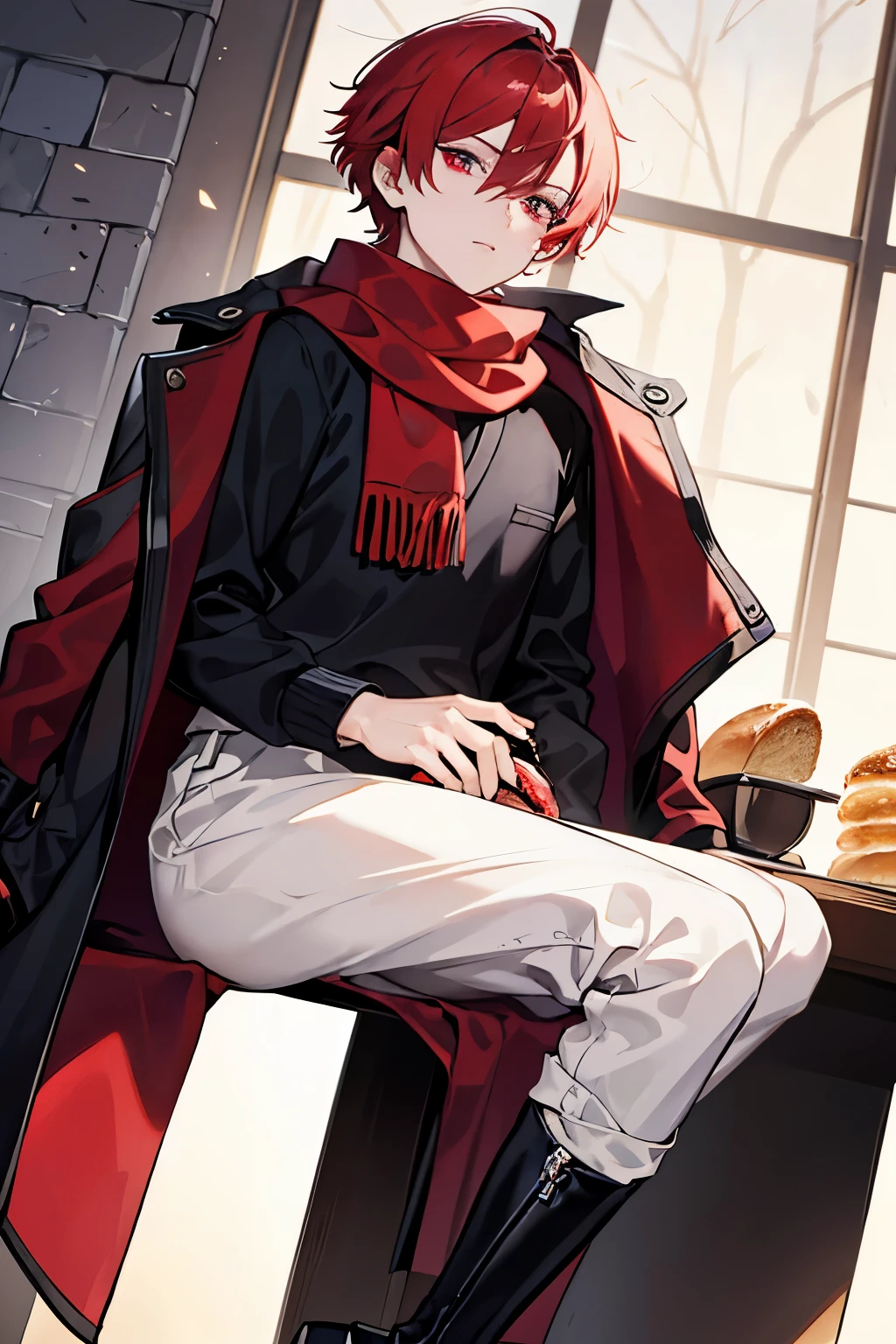 male red short hair red eyes Scarf Sweaters slacks bakery Buy bread baguette handsome man Knee-high boots masterpiece Highest image quality noise removal clear parts cinematic shadow Increased attractiveness of the eyes clear parts the shine of the eyes Draw eyelashes neatly perfect eyes detailed eyes Sharpen image quality Sharpen eye writing clear parts eye shape