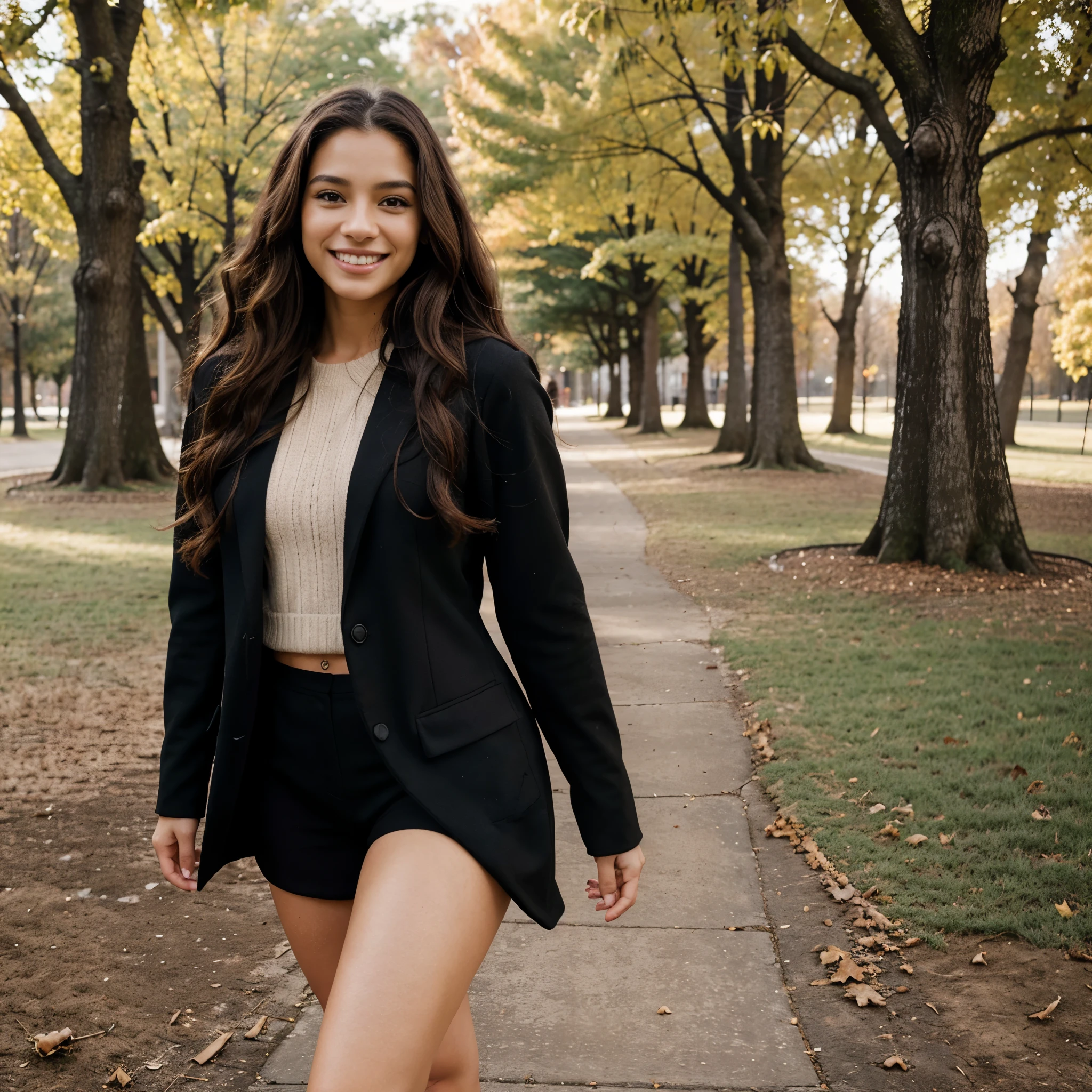 22 year old Latina beautiful model, wearing black cozy suit, natural pose, smiling and walking in park, long curly brown hairs, hazel eyes, cozy background, happy face, realistic photography, natural pose, realistic texture