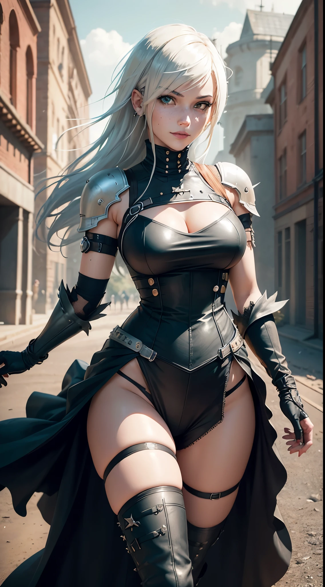 gwen tennyson,1girl,yorha 2b,riven,tracer, overwatch,nier automata,close up,battlefield view,tattoos,orange and white plugsuit,white short sleeve knight leotard,knight steel armor,lycra leggings,harness corset,long punk hair,punk makeup,green eyes,multicolored silver hair,long dress train,sexy smile,freckles,beautiful girl,thigh high punk boots,large breasts,8k,ultra detailed,realistic,fantasy art,punk knight uniform,queen gown dress,hair pin,ear piercings,crystal hand and neck jewelry,(weather:windy),long orange knight cloak,(pose:ready to attack),petals flying,