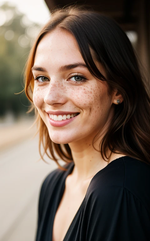 beautiful lady, freckles, big smile, dark makeup, hyperdetailed photography, soft light, head and shoulders portrait, cover