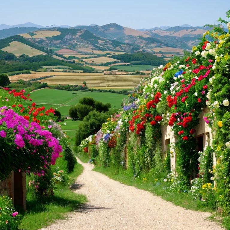 Rural towns in Spain、Las flores florecen en las ventanas a lo largo del camino, dia de las flores de colores