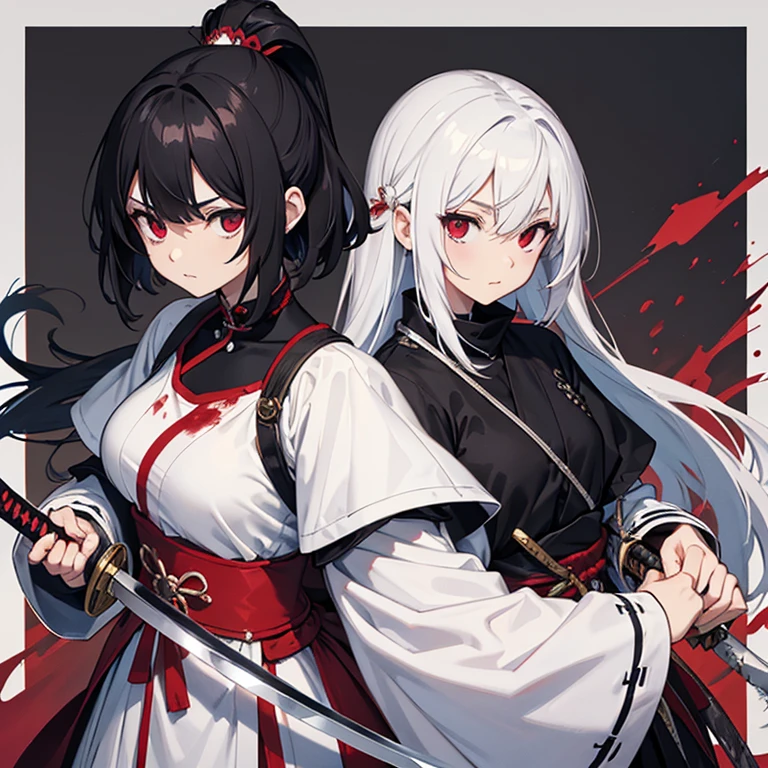 woman in Kimetsu no Yaiba anime style, expressionless, with blood coming out of her mouth, with a bruise on her rib and lung, standing in pain, long white hair with red streaks, intense yellow eyes, clothes of combat demon slayer covering all body, black combat clothes
