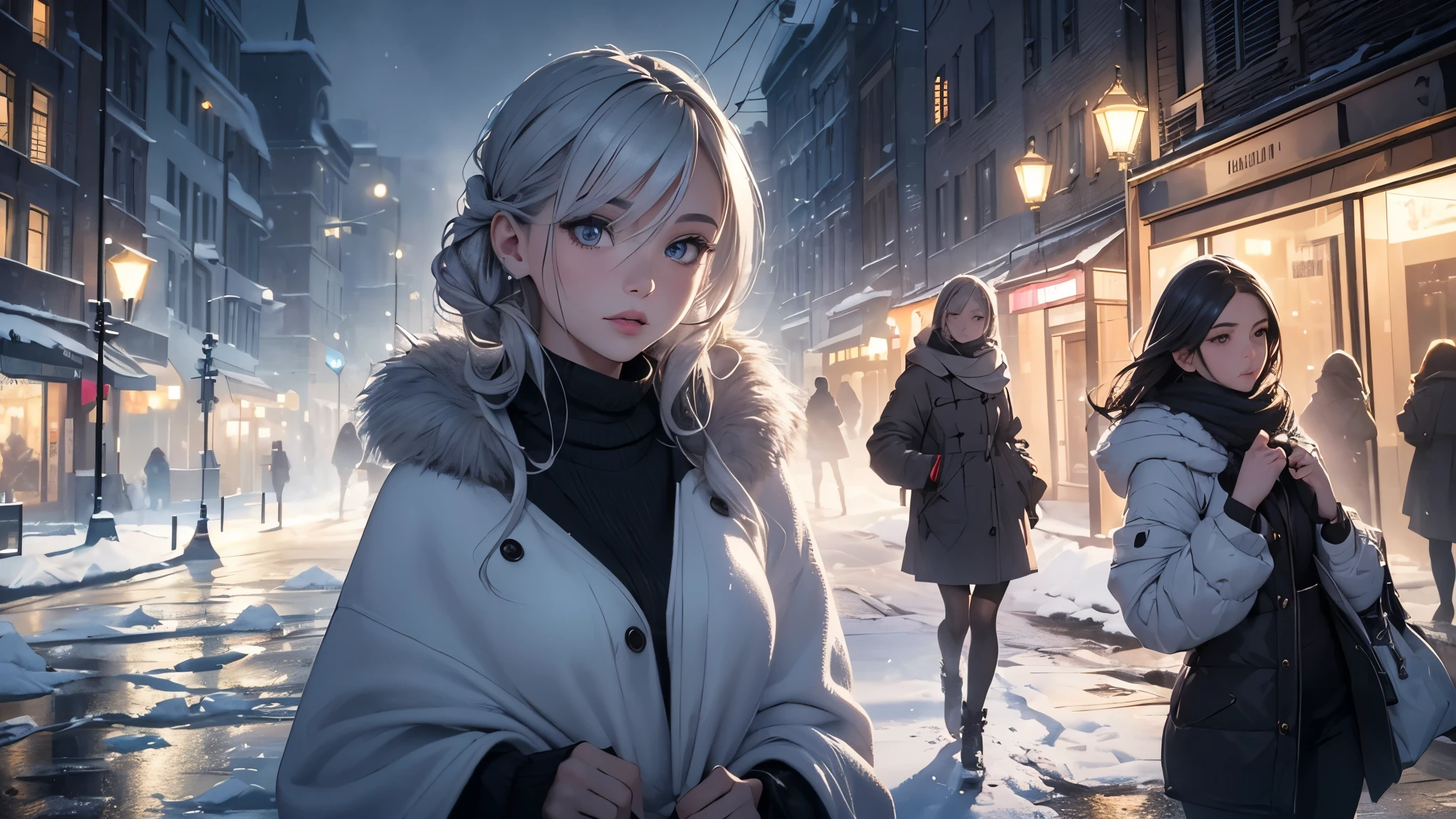 A group of girls (top models from Europe) throwing snowballs at each other on the street (snow, heavy fog, freezing rain). They are dressed in semi-transparent clothes. In the background, there is a city (frozen for 1000 years) with an 8K wallpaper.
(best quality, 4k, 8k, highres, masterpiece:1.2), ultra-detailed, (realistic, photorealistic, photo-realistic:1.37), HDR, UHD, studio lighting, ultra-fine painting, sharp focus, physically-based rendering, extreme detail description, professional, vivid colors, bokeh, winter, fashionable, elegant, intense atmosphere, playful, dynamic, joyful expressions, snow-covered streets, icy textures, transparent clothing, European girls, beautiful and detailed eyes, beautiful and detailed lips, extremely detailed facial features, long eyelashes, foggy atmosphere, frozen city, ancient architecture, mysterious ambiance.