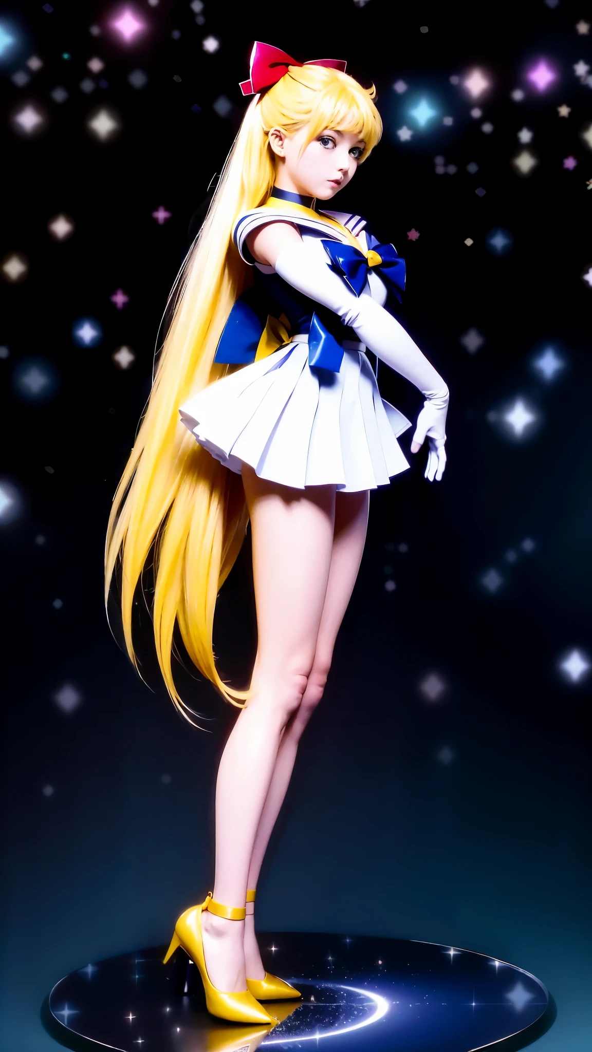 街のスカイラインを見下ろす手すりの上でポーズをとるsailor suitの金髪の女の子, anime girl , photograph, anime , sailor moon style, Ann Takamaki from Persona 5, Ayaka , sailor suit, junko enoshima, azur lane style, twin tails, sailor moon!!!!!!!!, - Artist: sailor moon, anime girl in real life, Advertisement