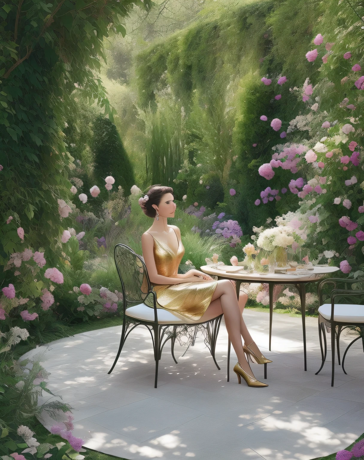 araffe sitting on a chair in a garden with a table and chairs, sitting in the garden, lush surroundings, in the garden, photo from vogue magazine, by William Berra, photoshoot, photoshoot for vogue magazine, in garden, by Jakob Gauermann, posing elegantly, wearing a dress of gossamer gold, stunning elegant pose, in a garden