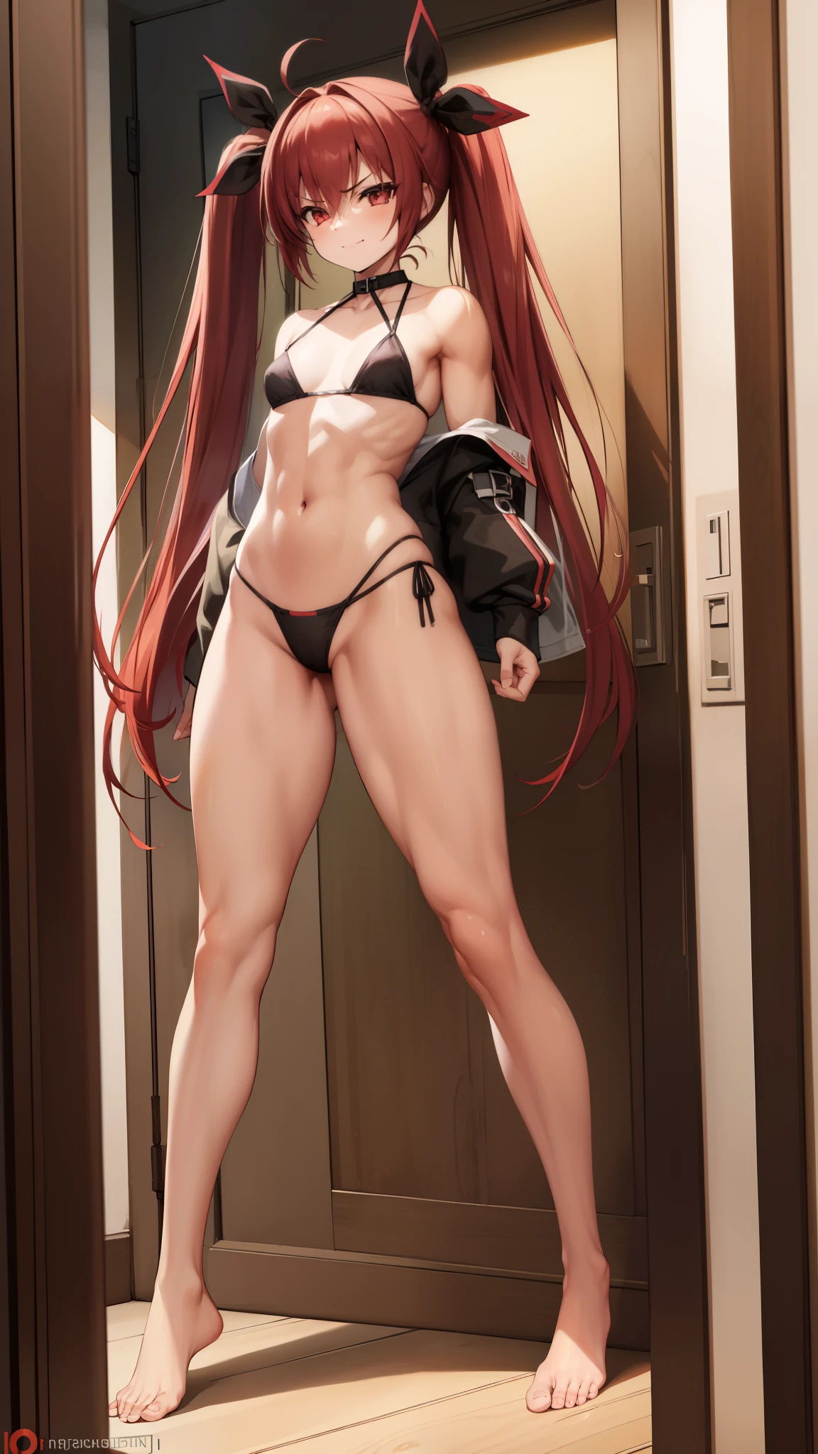 (((1 girl))), Kotoriitsuka, Kotori Itsuka, long hair, (red eyes: 1.5), red hair, Ahoge, (flat chest: 1.2), with a lollipop in her mouth,
break (wearing a very sexy short bikini), twintails, hair ribbon, black ribbon, muscular thighs, well defined body, muscular belly,
looking at viewer, (full body photo), standing, smiling, angry, arms crossed,
Break-in inside the house,
break (masterpiece: 1.2), best quality, highest resolution, Unity 8k wallpaper, (插圖: 0.8), (beautiful detailed eyes: 1.6), extremely detailed face, perfect lighting, extremely detailed CG, (perfect hands , perfect anatomy),