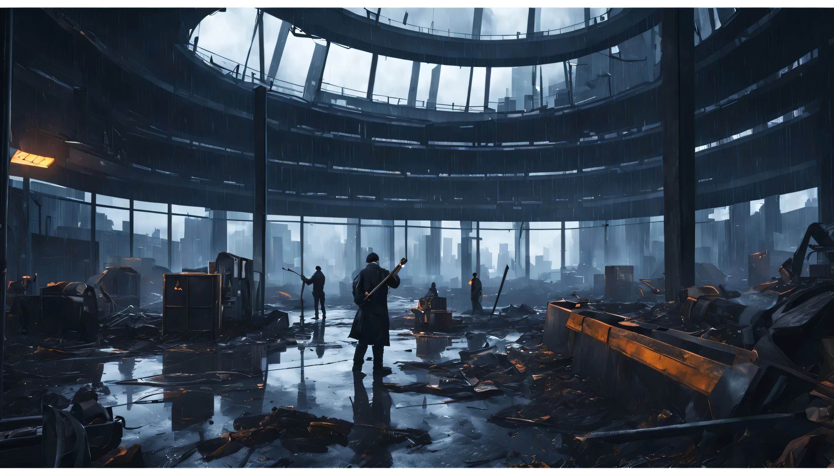 many big men are cleaning a abandoned open area, behind the windows is a very dark abandoned futuristic city, rainy night
