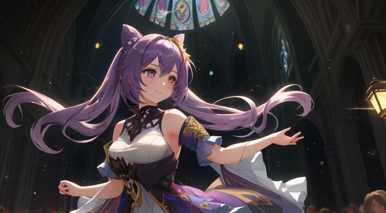 1 girl, masterpiece, very detailed, ((cinematic lighting)), (shine), ((dramatic lighting)), ((beautiful delicate shine)), intricate details, Lens flare, purple hair, long hair, multicolored dress, butterflyの髪飾り, butterfly, (particles of light), turn your arms behind your back, big breasts, [winding], light smile, purple eyes, church, Stained glass, Spotlight, dark background, floating hair, floating hair, looking at the viewer,((colorful))