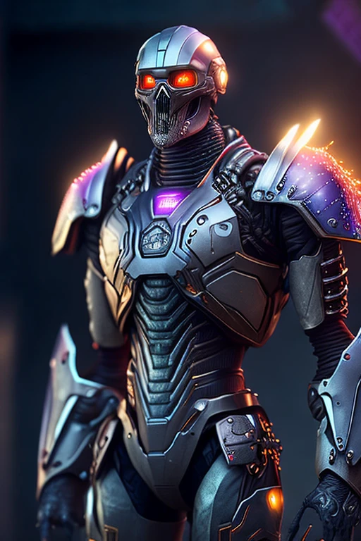 (best quality,4k,8k,highres,masterpiece:1.2),ultra-detailed,(realistic,photorealistic,photo-realistic:1.37),portrait,zombie pale ranger from "Dinosaur Squad",biomechanics,complex robots,fully grown,hyperrealistic,crazy small details,extremely crisp lines,cyberpunk aesthetic,Zbrush Central's featured masterpiece,gothic beastial cathedral,cyberpunk,award-winning photograph,bokeh,neon lights,kinetic limbs