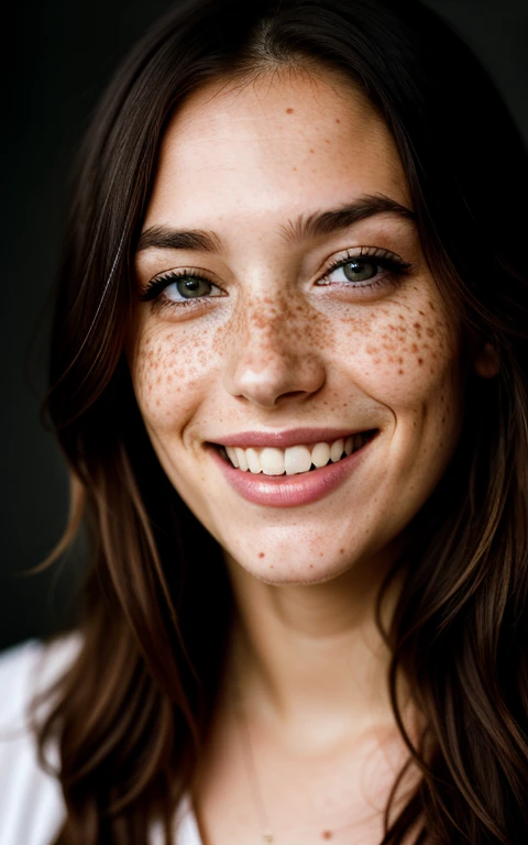 beautiful lady, freckles, big smile, dark makeup, hyperdetailed photography, soft light, head and shoulders portrait, cover