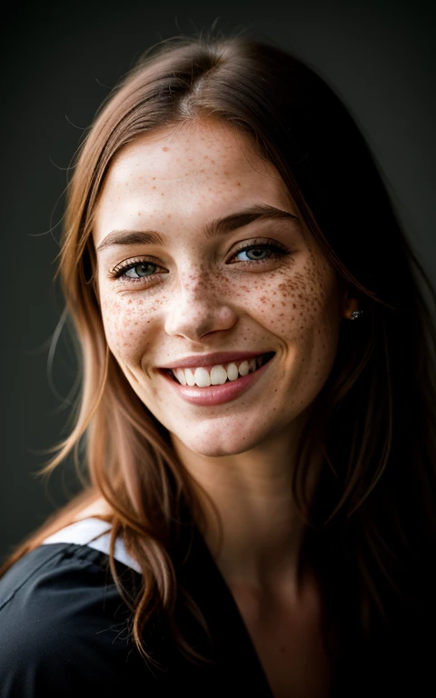 beautiful lady, freckles, big smile, dark makeup, hyperdetailed photography, soft light, head and shoulders portrait, cover