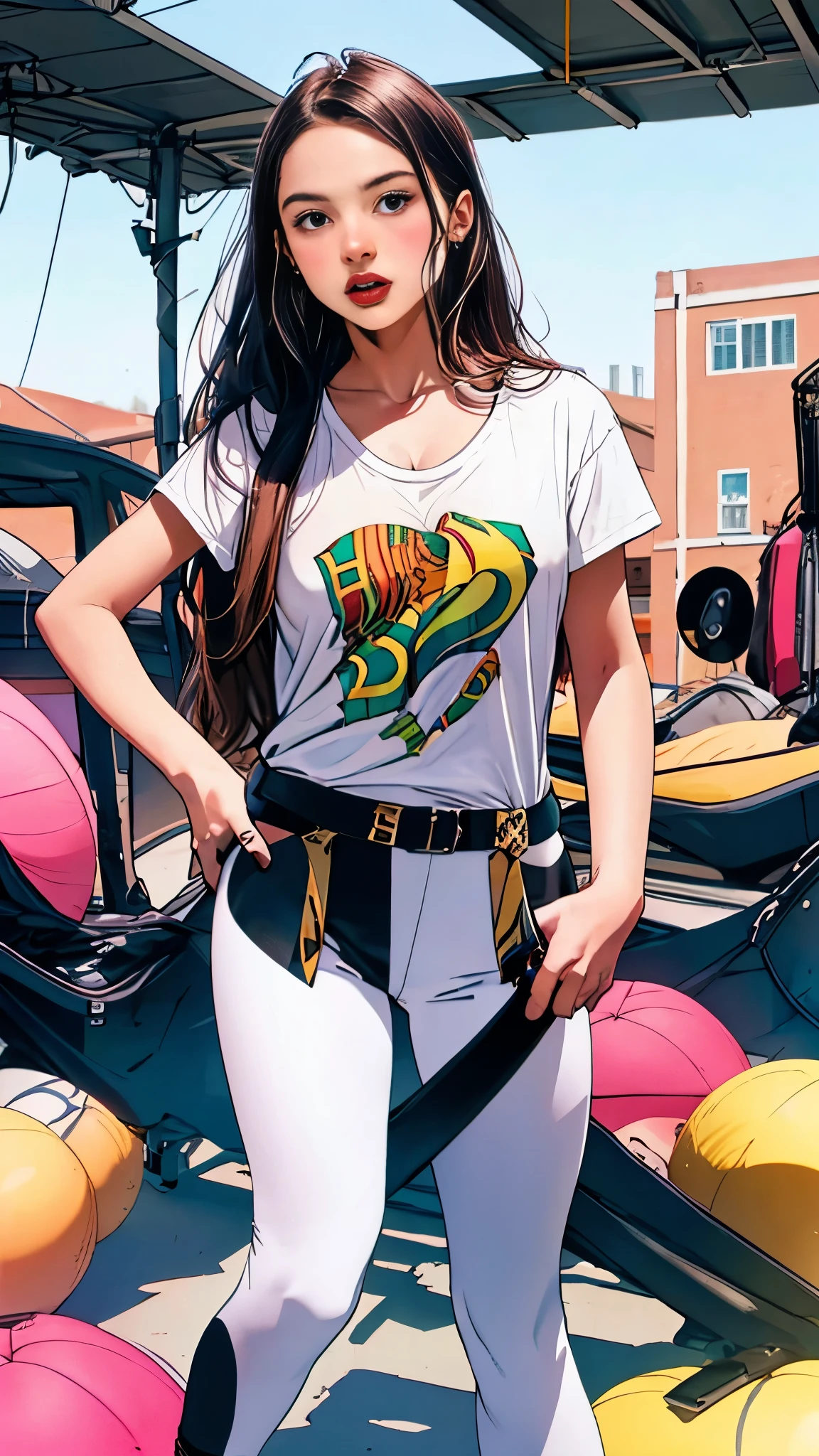 Olivia Rodrigo aged 13, long hair: 1.3, t-shirt, leggings, small cleavage, nipples, light skin, realistic 3d art