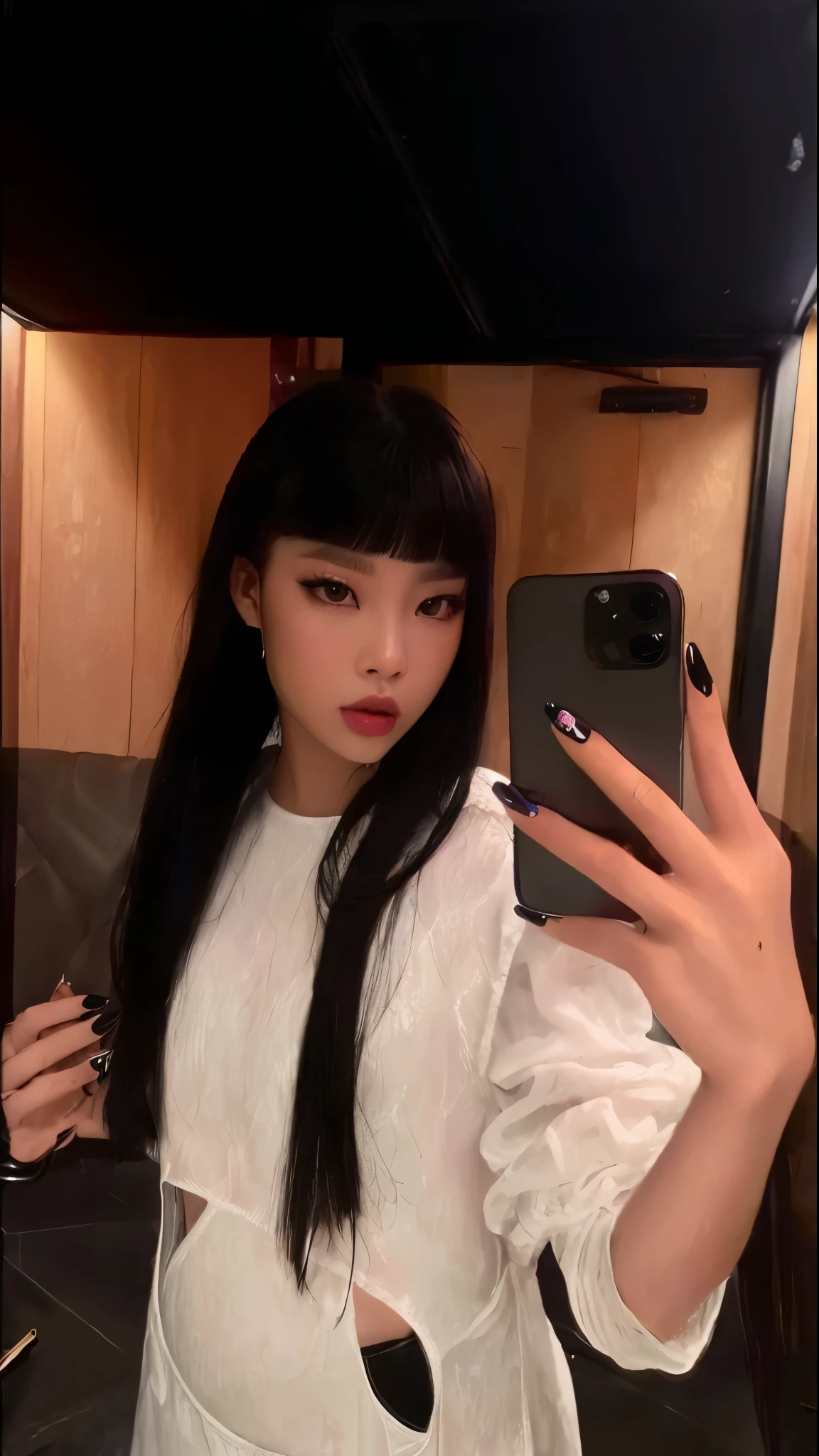 (best quality,highres:1.2),realistic,portrait,colorful lighting,studio lighting,beautiful detailed eyes and lips,detailed hair,long eyelashes,stylish outfit, Uma mulher com franja, cabelos longos, tirando foto, jennie kim, jennie blackpink