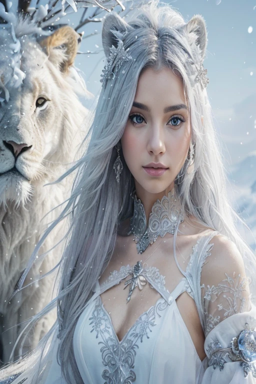 (((Intricate details))), (((high-quality))), (((extreme detail quality))), (((complex composition))). Colors should be predominantly icy blues and whites, with subtle shades of silver and light purples. Incorporate textures resembling frost and snowflakes for the snow princess. The lion should have a majestic mane in shades of white, cream, and hints of gold. Artists related to this style: Marcello Barenghi, Pedro Campos, and Zaria Forman.