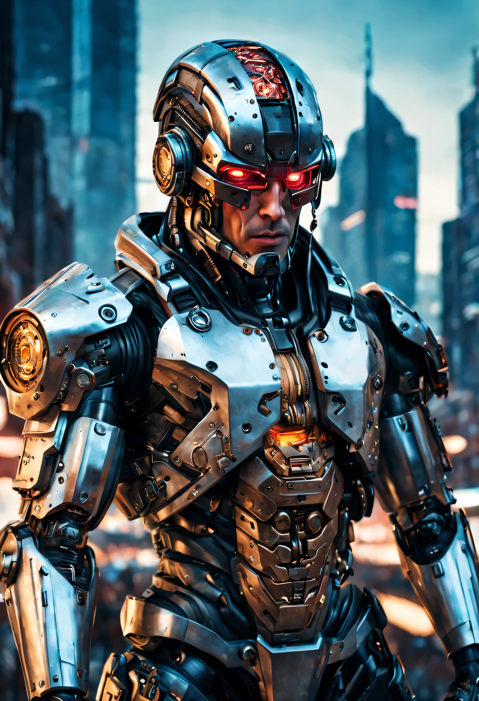 Cyberpunk illustration of rogue mercenary Lord Bento, cyborg implant with mechanical gear brain, razor-sharp knife arm, intense and focused gaze, high-tech armor with cool reflections, futuristic cityscape in the background, best quality, highres, ultra-detailed, cyberpunk, mechanical gear, intense gaze, futuristic, high-tech armor, detailed eyes, professional, atmospheric lighting