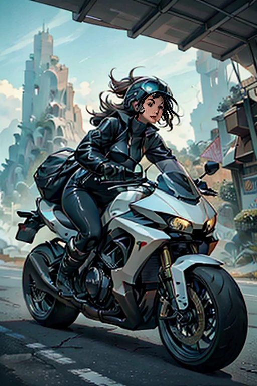a confident woman riding a motorcycle, embarking on a journey towards the horizon. The woman wearing a stylish jacket, leather pants, and boots. She has a victorious expression on her face as she releases the throttle, ready to conquer the road. She wearing a helmet for safety, reflecting her determination and love for adventure. The scene bathed in warm sunlight, casting a golden glow on the surroundings. The landscape unfolds as she speeds ahead, revealing picturesque scenery and distant mountains. The atmosphere filled with excitement and a sense of . The details of the motorcycle, such as its sleek design and shiny chrome accents, are highlighted, emphasizing its power and elegance. The colors are vibrant and vivid, enhancing the overall impact of the image. The lighting dramatic, casting dynamic shadows and creating a dynamic atmosphere. The image quality of the highest standards, capturing every minute detail and texture. The prompt specialized for fine art rendering, ensuring that the resulting image a masterpiece of realism and photorealism.
