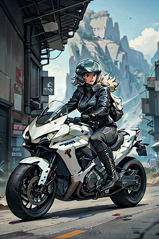 a confident woman riding a motorcycle, embarking on a journey towards the horizon. The woman wearing a stylish jacket, leather pants, and boots. She has a victorious expression on her face as she releases the throttle, ready to conquer the road. She wearing a helmet for safety, reflecting her determination and love for adventure. The scene bathed in warm sunlight, casting a golden glow on the surroundings. The landscape unfolds as she speeds ahead, revealing picturesque scenery and distant mountains. The atmosphere filled with excitement and a sense of . The details of the motorcycle, such as its sleek design and shiny chrome accents, are highlighted, emphasizing its power and elegance. The colors are vibrant and vivid, enhancing the overall impact of the image. The lighting dramatic, casting dynamic shadows and creating a dynamic atmosphere. The image quality of the highest standards, capturing every minute detail and texture. The prompt specialized for fine art rendering, ensuring that the resulting image a masterpiece of realism and photorealism.