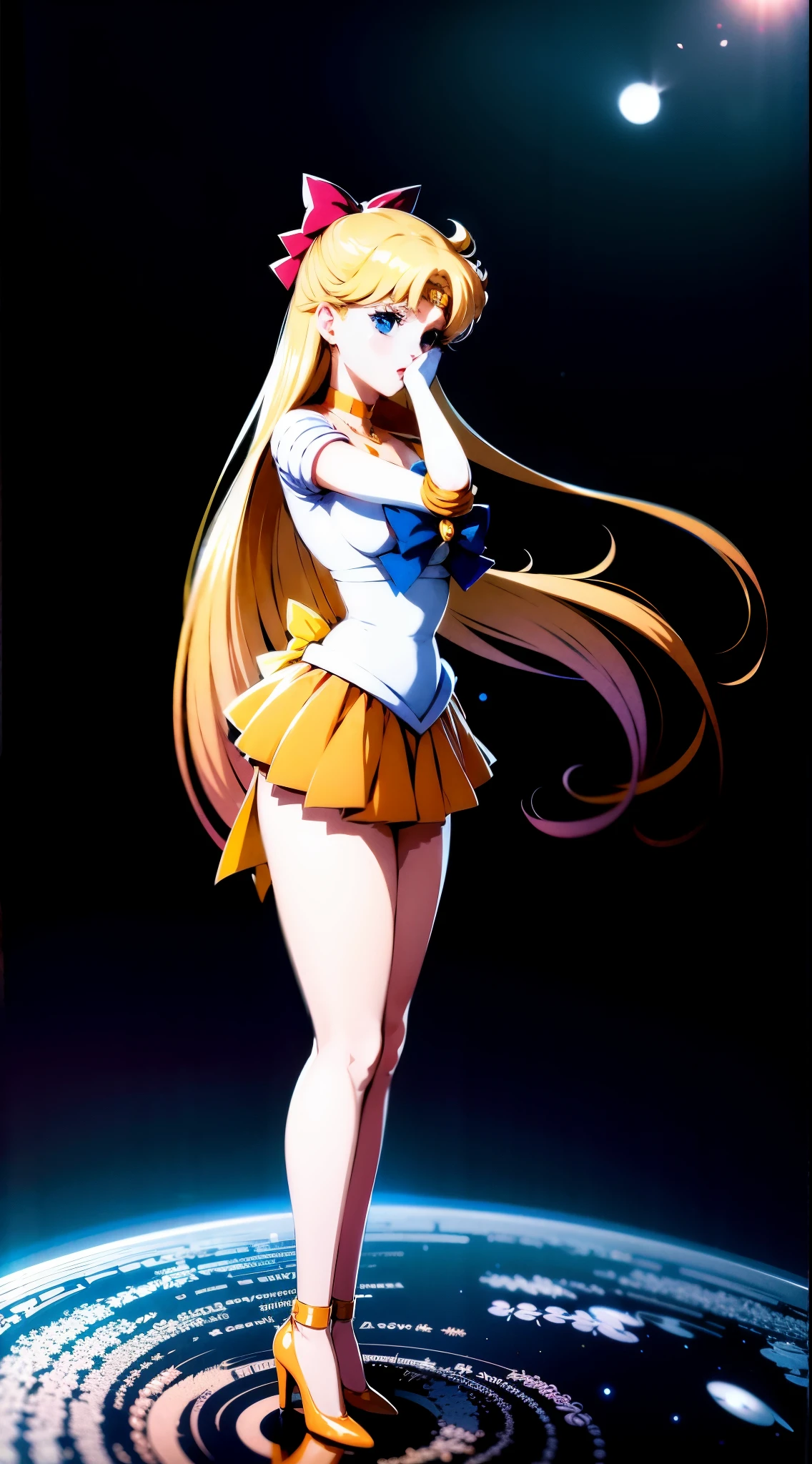 街のスカイラインを見下ろす手すりの上でポーズをとるsailor suitの金髪の女の子, anime girl ,  photograph, anime , sailor moon style, Ann Takamaki from Persona 5, Ayaka , sailor suit, junko enoshima, azur lane style, twin tails, sailor moon!!!!!!!!, - Artist: sailor moon, anime girl in real life, Advertisement 