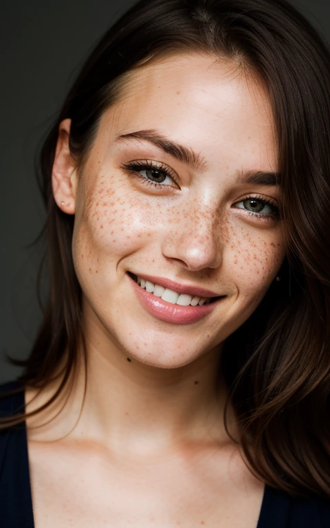 beautiful lady, freckles, big smile, dark makeup, hyperdetailed photography, soft light, head and shoulders portrait, cover