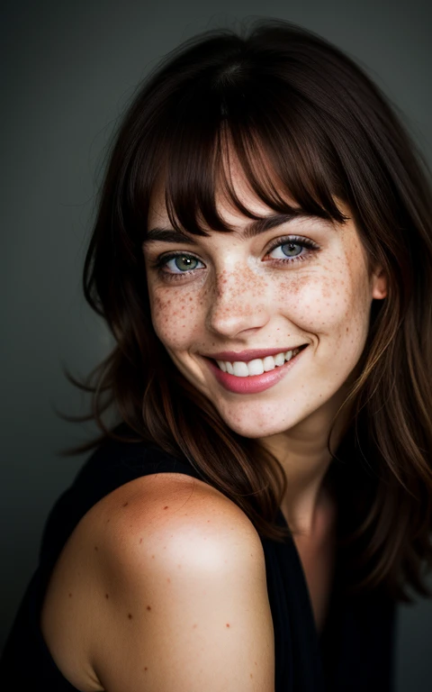 beautiful lady, freckles, big smile, dark makeup, hyperdetailed photography, soft light, head and shoulders portrait, cover