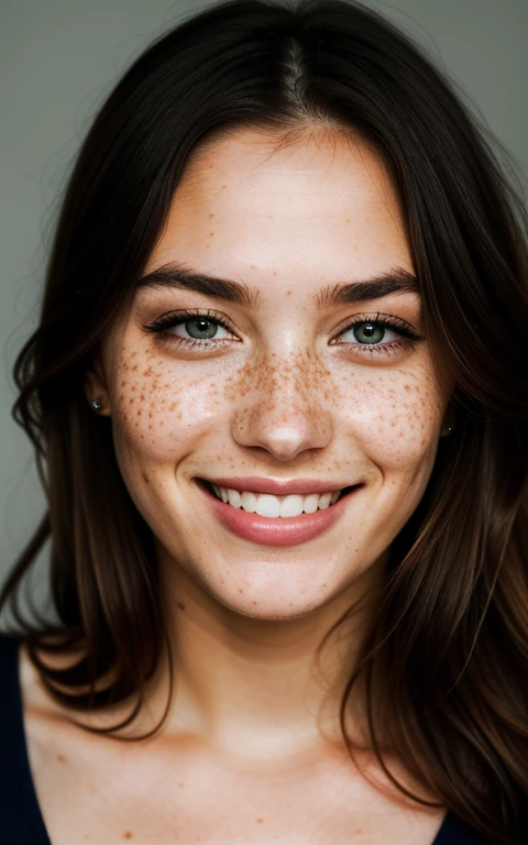 beautiful lady, freckles, big smile, dark makeup, hyperdetailed photography, soft light, head and shoulders portrait, cover