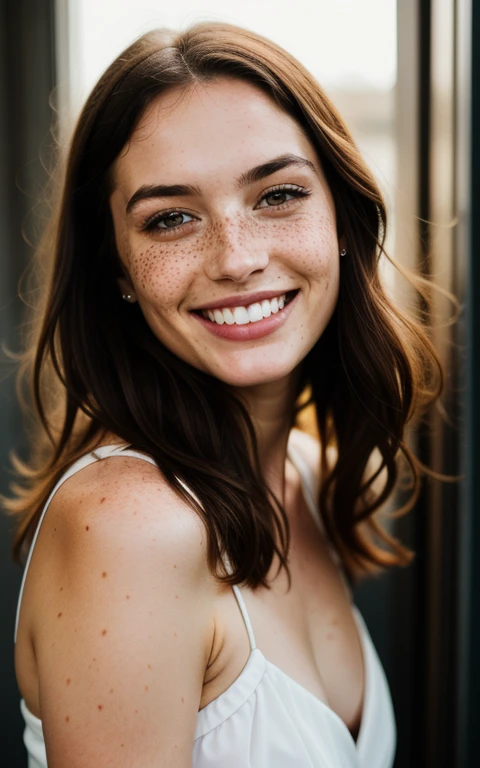 beautiful lady, freckles, big smile, dark makeup, hyper detailed photography, soft light, full length portrait
