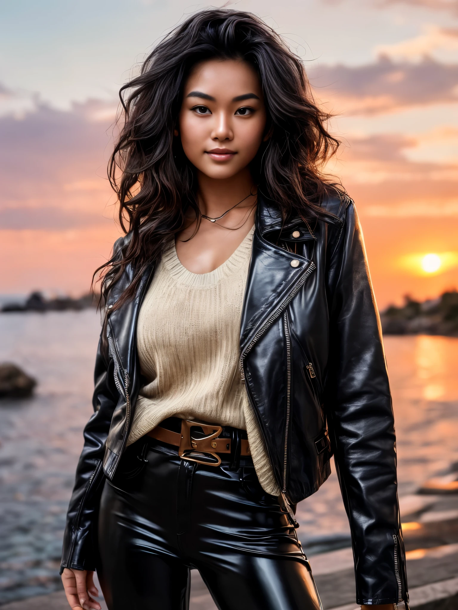 Foreground: a gorgeous asian woman, age 18, wet wavy hair in the wind. she's a men magazine model, She has a subtle smile and flirts with the camera, (she wears casual shirt with a knitted sweater and leather biker jacket and latex pants with big belt:1.2), background beautiful old Italian village, (in sunset light:1.2), , perfect eyes, perfect hands, perfect body, perfect hair, perfect breast, hair behind ear, UHD, retina, masterpiece, accurate, anatomically correct, textured skin, super detail, high details, high quality, award winning, best quality, highres, 16k, 8k,