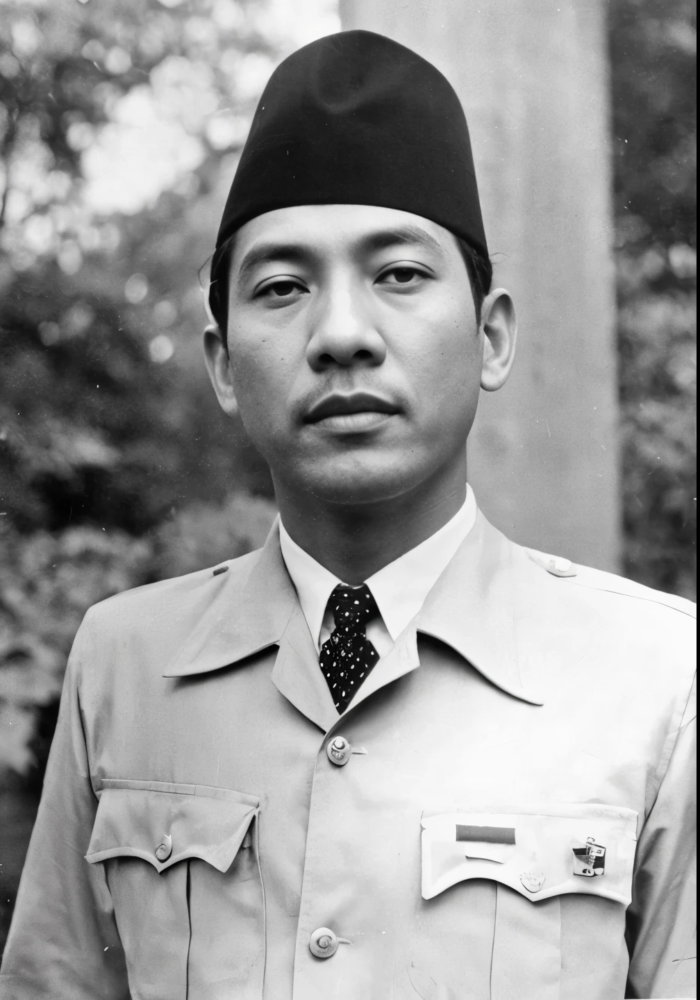 arafed man in uniform standing in front of a tree, fujita goro, raden saleh, fujita goro!, jokowi, ramil sunga, inspired by Oka Yasutomo, indonesia, portrait n - 9, inspired by Basuki Abdullah, arsitektur nusantara, kuntilanak, handsome man, portrait shot, colour