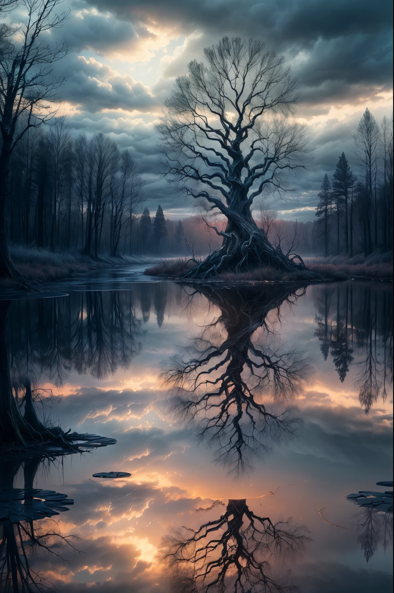 "((Mystical)) atmosphere, girl kneeling beside a pond, ((moody clouds)), ((twisted and gnarly tree)), ((dramatic lighting)), ((reflections in the water)), detailed painting, ((captivating composition)), masterpiece