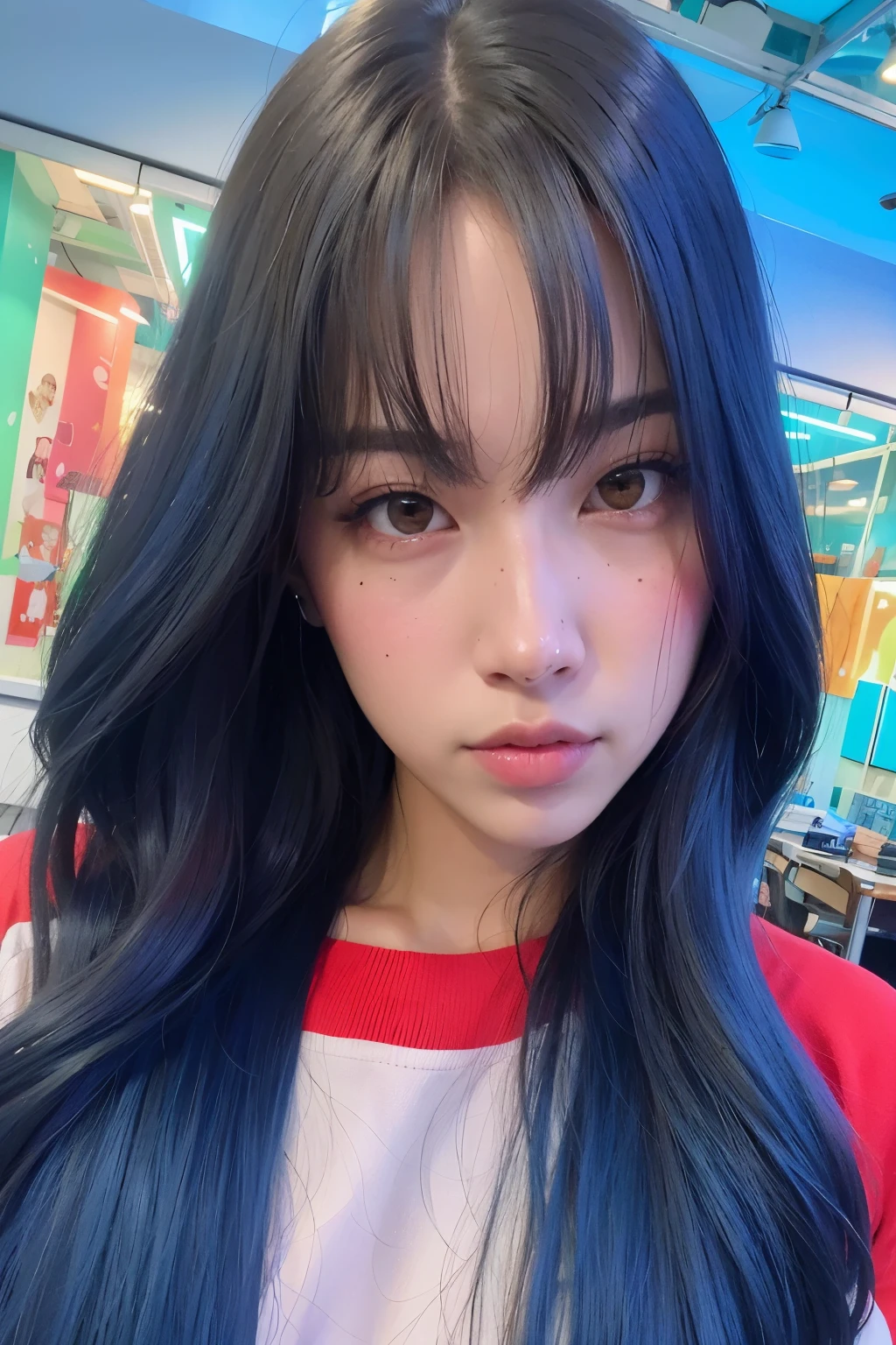 mulher arafada com longos cabelos azuis e uma camisa vermelha e branca, Lalisa Manobal, Lalisa Manoban do Blackpink, tzuyu de duas vezes, com pele azul, portrait of jossi do blackpink, jossi do blackpink, com franja, com cabelo azul, parque roseanne de blackpink, rosto azulado, Ulzzang, tons de azul e vermelho