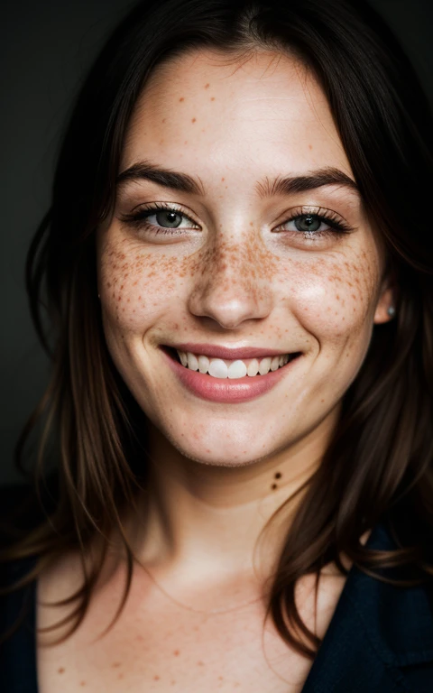 beautiful lady, freckles, big smile, dark makeup, hyper detailed photography, soft light, full length portrait