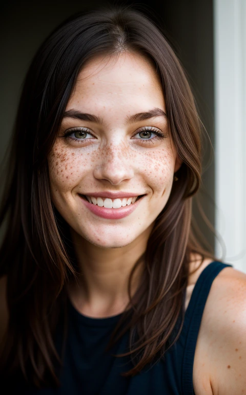 beautiful lady, freckles, big smile, dark makeup, hyper detailed photography, soft light, full length portrait