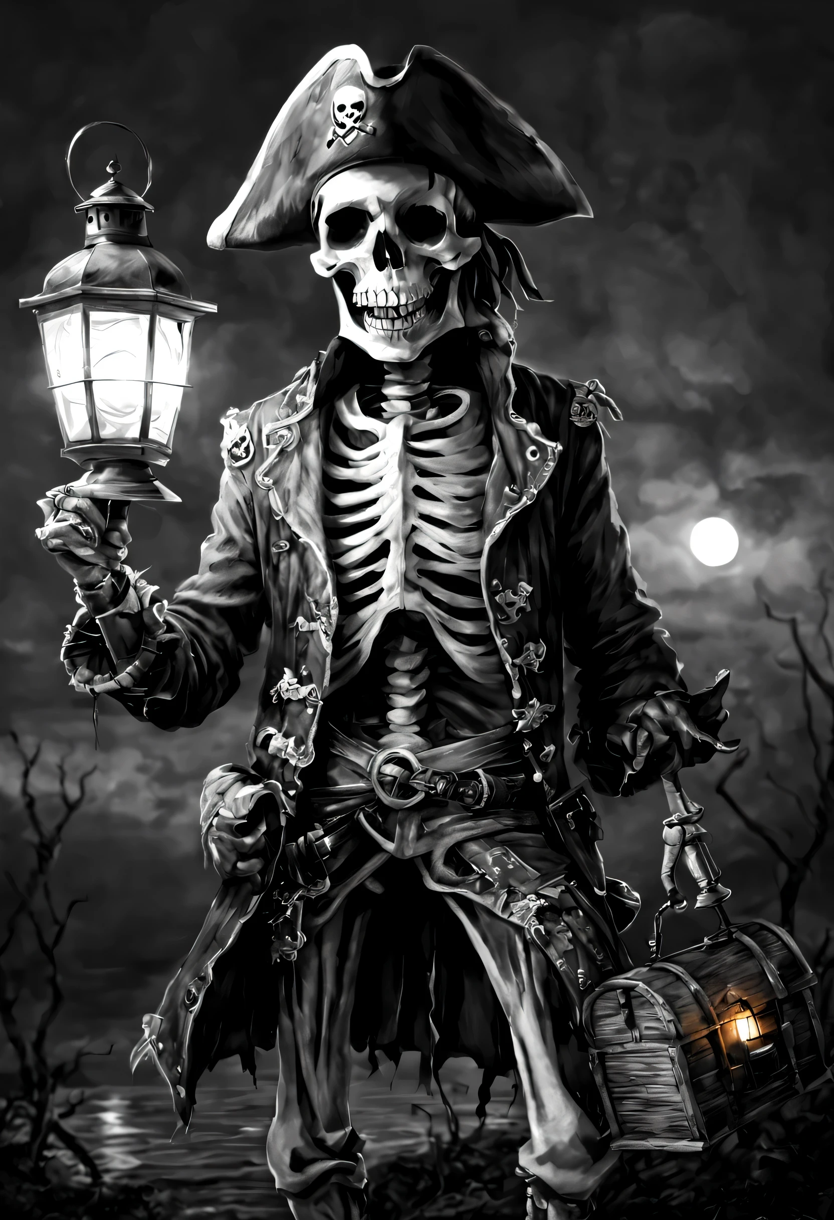 black and white drawing of pirate skeleton, wearing pirate jacket and cap, with lantern in hand, creepy smile
