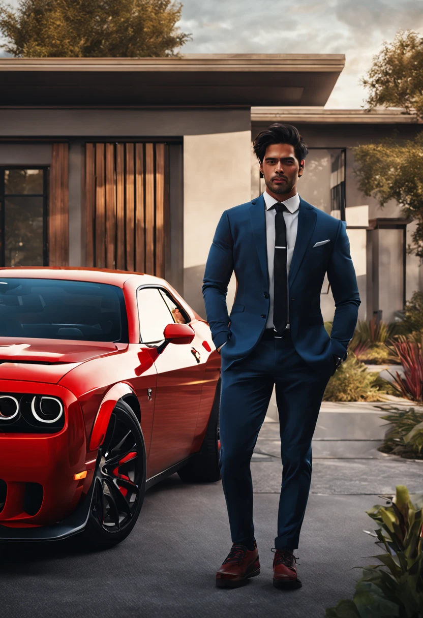 A North-east Indian, young man in a full suit, Dodge Challenger SRT Hellcat in the back, a big and modern house, 8K, realistic